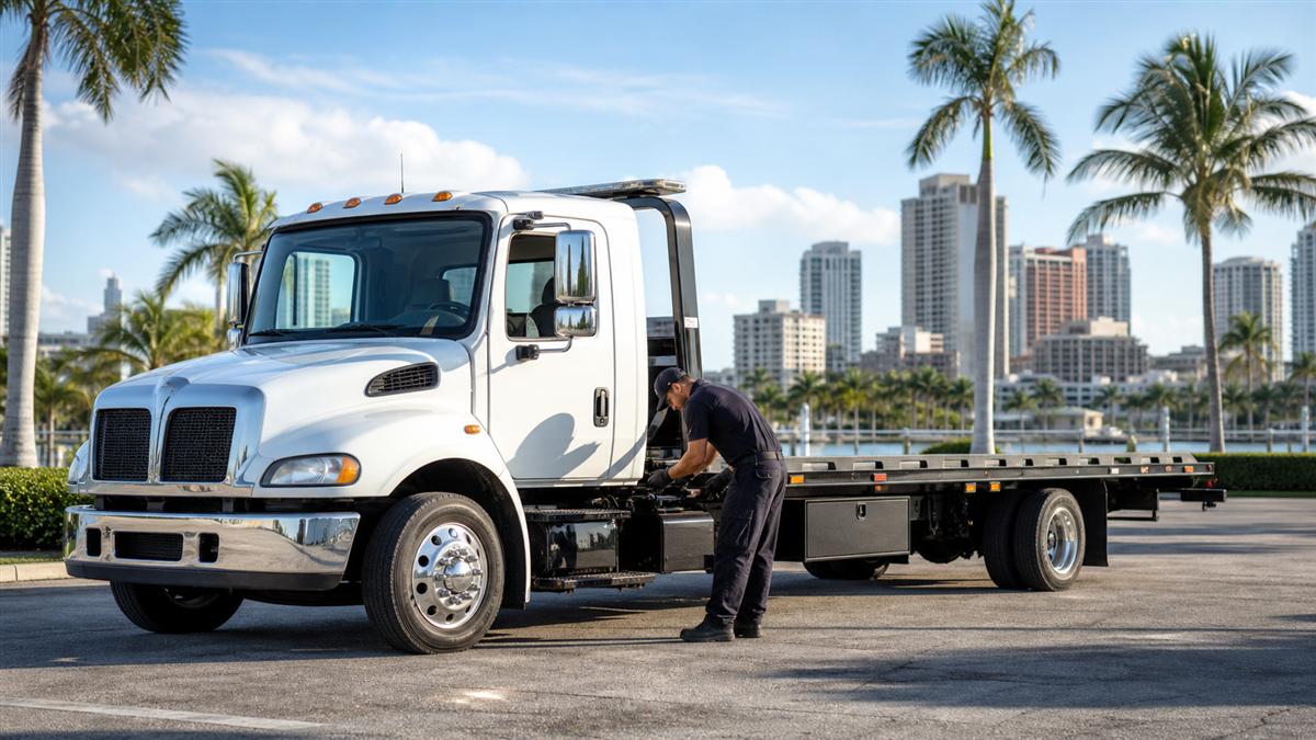 Flatbed tow truck and towing professional